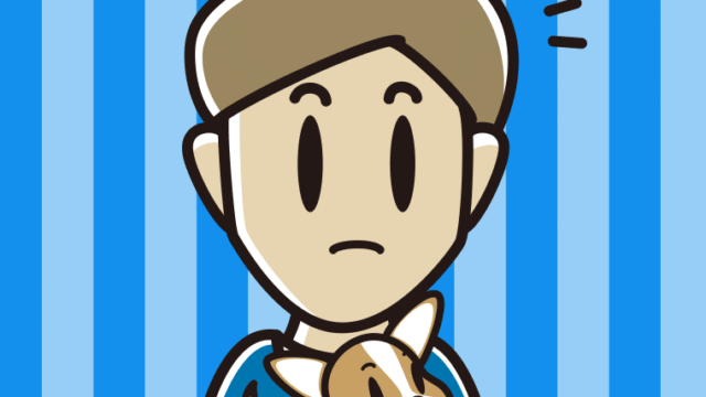 犬を抱いて何かに気付く男性のイラスト【色、背景あり】PNG