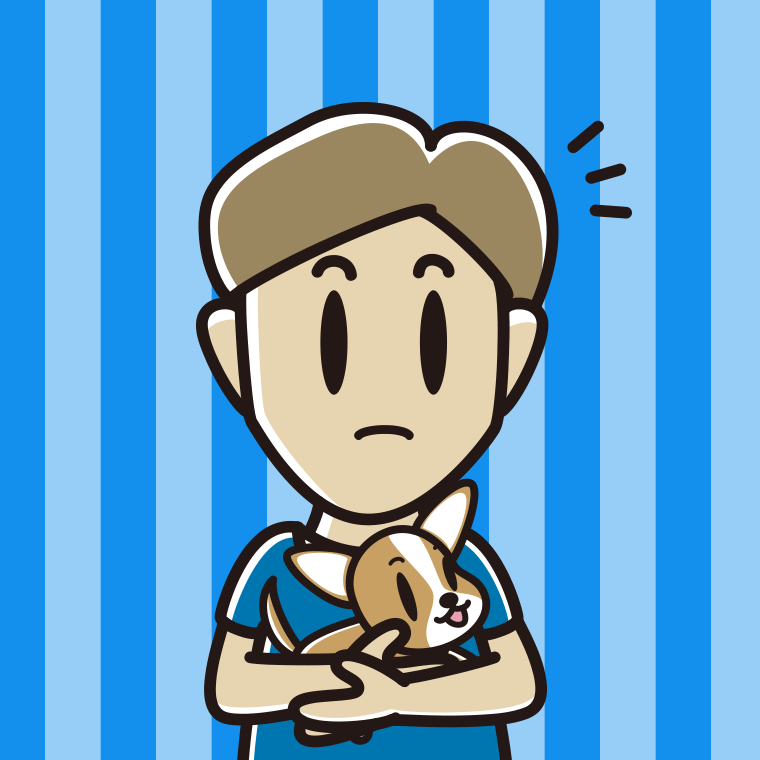 犬を抱いて何かに気付く男性のイラスト【色、背景あり】PNG