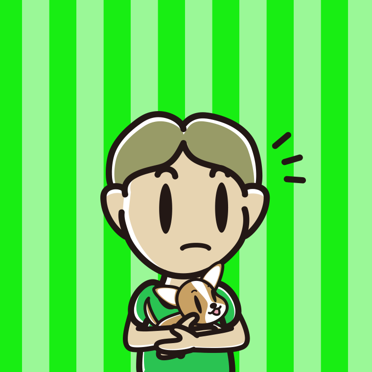 犬を抱いて何かに気付く小学生男子のイラスト【色、背景あり】PNG