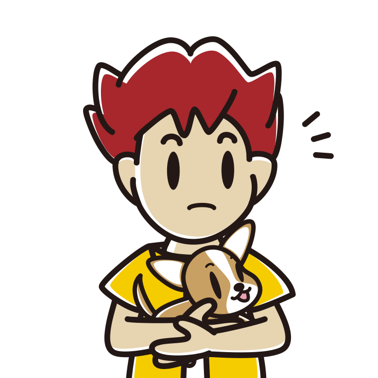 犬を抱いて何かに気付く男子大学生のイラスト【色あり、背景なし】透過PNG