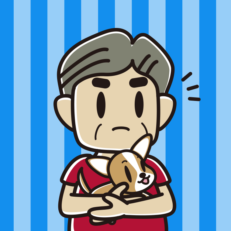 犬を抱いて何かに気付くおじさんのイラスト【色、背景あり】PNG