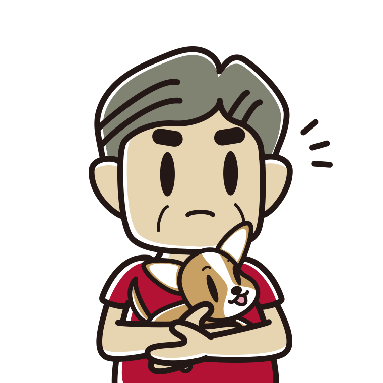 犬を抱いて何かに気付くおじさんのイラスト【色あり、背景なし】透過PNG
