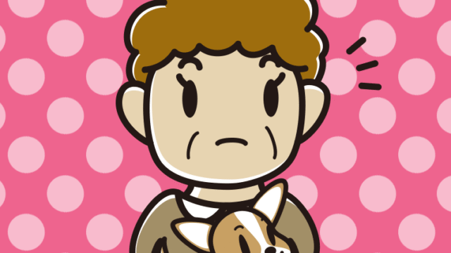 犬を抱いて何かに気付くおばさんのイラスト【色、背景あり】PNG