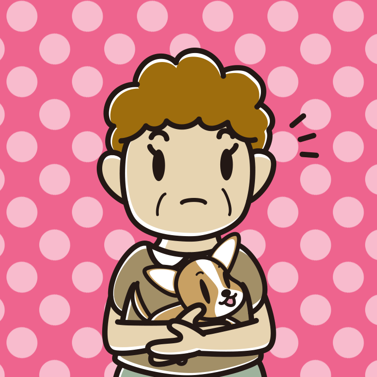 犬を抱いて何かに気付くおばさんのイラスト【色、背景あり】PNG