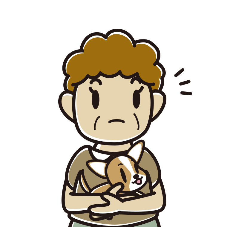 犬を抱いて何かに気付くおばさんのイラスト【色あり、背景なし】透過PNG