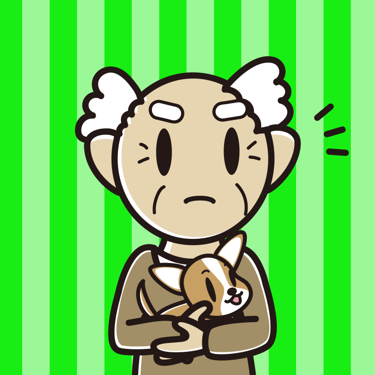 犬を抱いて何かに気付くおじいさんのイラスト【色、背景あり】PNG