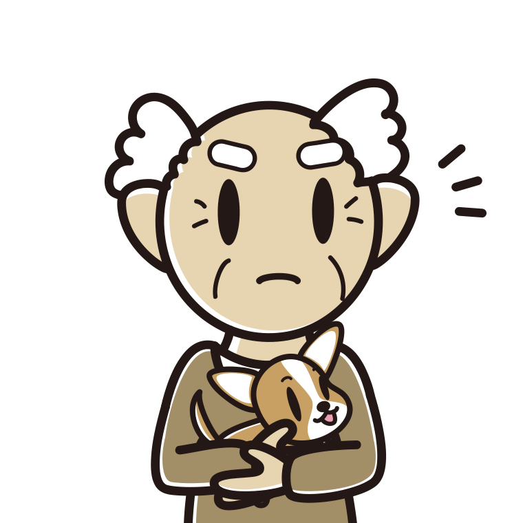 犬を抱いて何かに気付くおじいさんのイラスト【色あり、背景なし】透過PNG