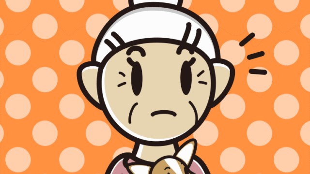 犬を抱いて何かに気付くおばあさんのイラスト【色、背景あり】PNG