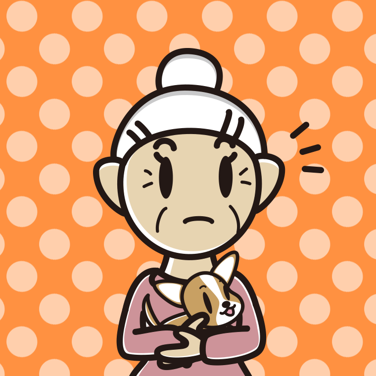 犬を抱いて何かに気付くおばあさんのイラスト【色、背景あり】PNG