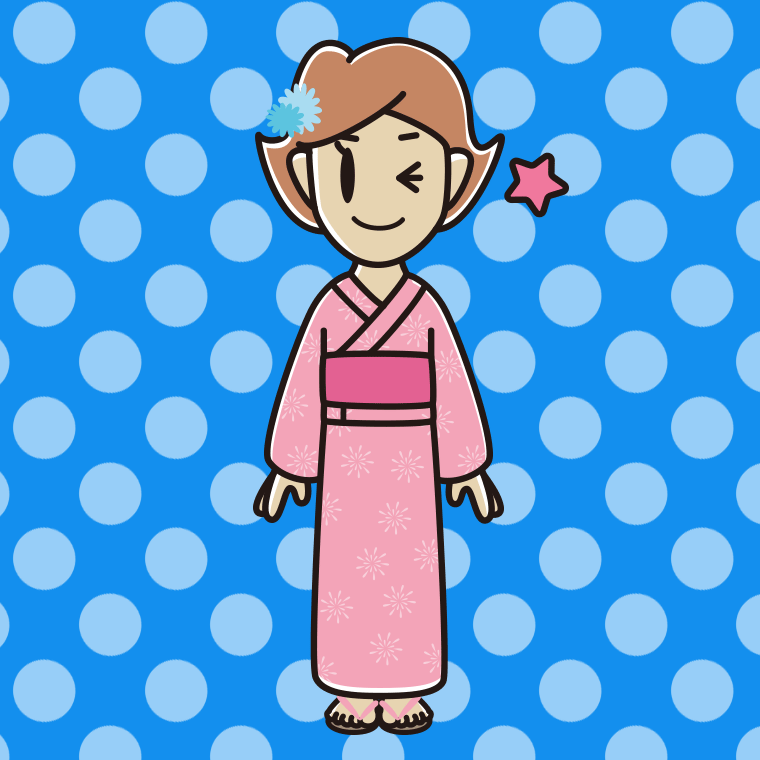 ウインクする浴衣姿の女性のイラスト【色、背景あり】PNG
