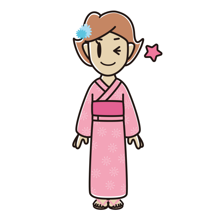 ウインクする浴衣姿の女性のイラスト【色あり、背景なし】透過PNG