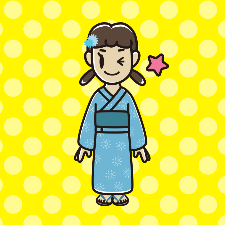 ウインクする浴衣姿の女子中学生のイラスト【色、背景あり】PNG