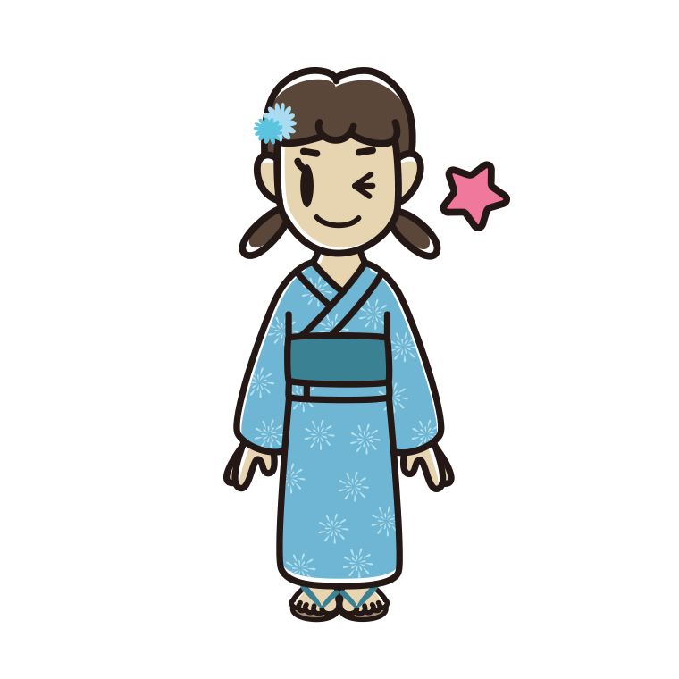 ウインクする浴衣姿の女子中学生のイラスト【色あり、背景なし】透過PNG