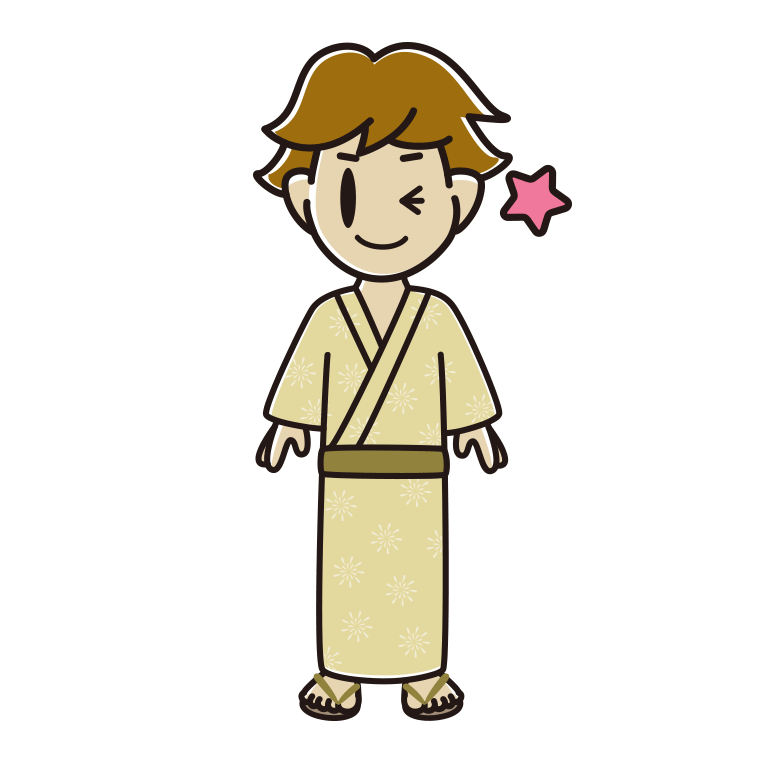 ウインクする浴衣姿の男子高校生のイラスト【色あり、背景なし】透過PNG
