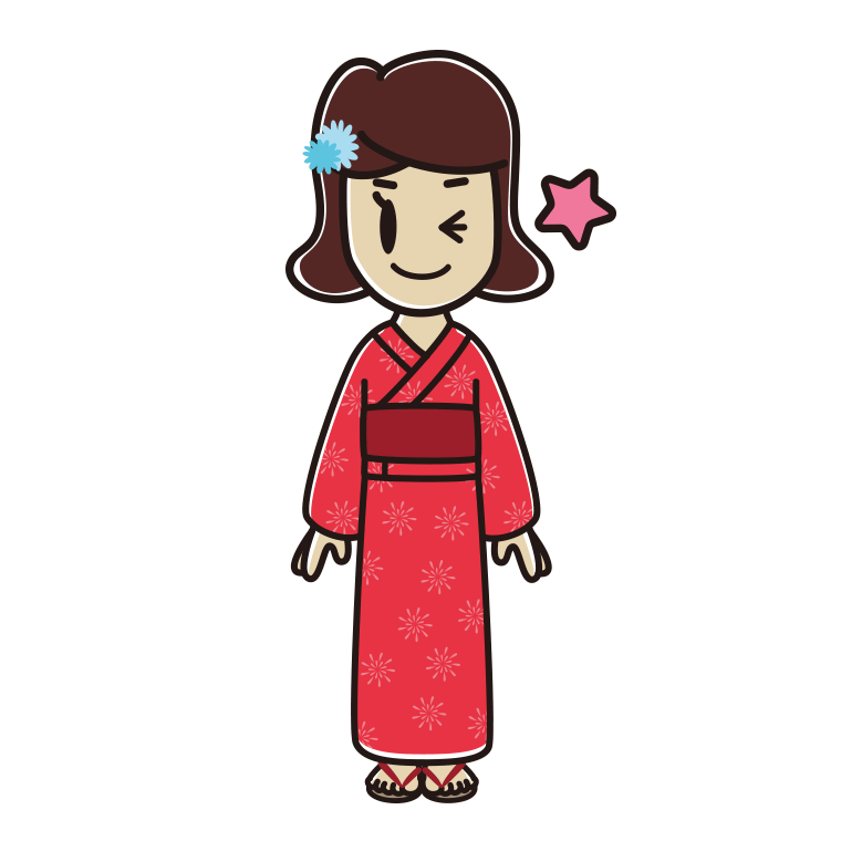 ウインクする浴衣姿の女子高校生のイラスト【色あり、背景なし】透過PNG