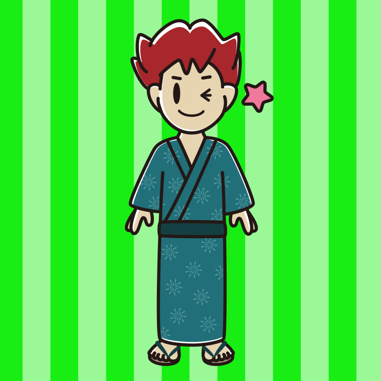 ウインクする浴衣姿の男子大学生のイラスト【色、背景あり】PNG