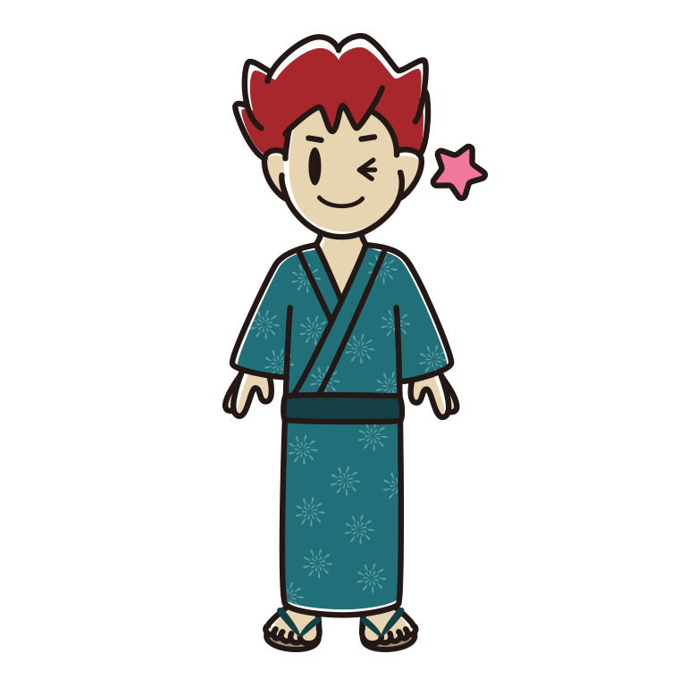 ウインクする浴衣姿の男子大学生のイラスト【色あり、背景なし】透過PNG