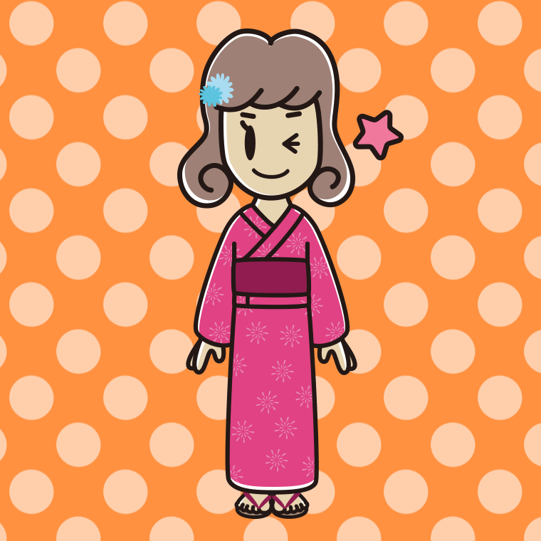 ウインクする浴衣姿の女子大学生のイラスト【色、背景あり】PNG