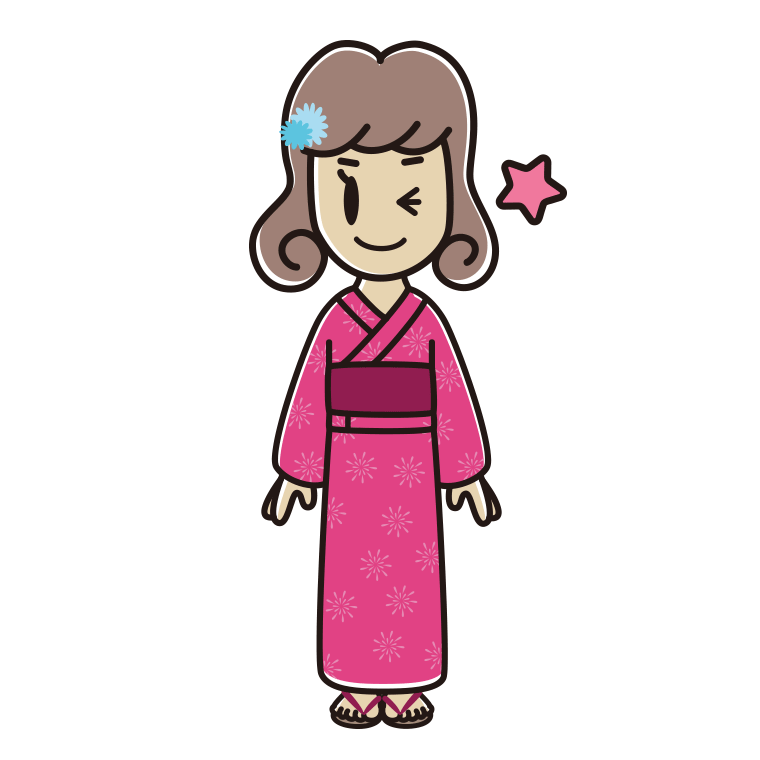 ウインクする浴衣姿の女子大学生のイラスト【色あり、背景なし】透過PNG