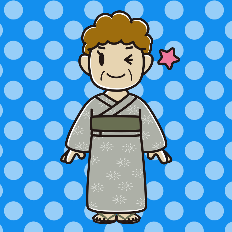 ウインクする浴衣姿のおばさんのイラスト【色、背景あり】PNG