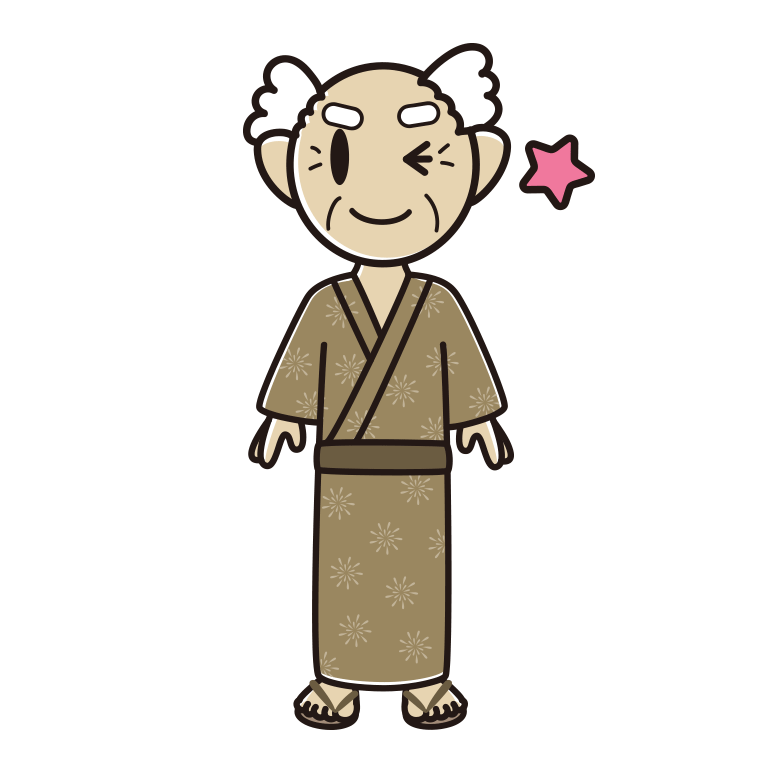 ウインクする浴衣姿のおじいさんのイラスト【色あり、背景なし】透過PNG