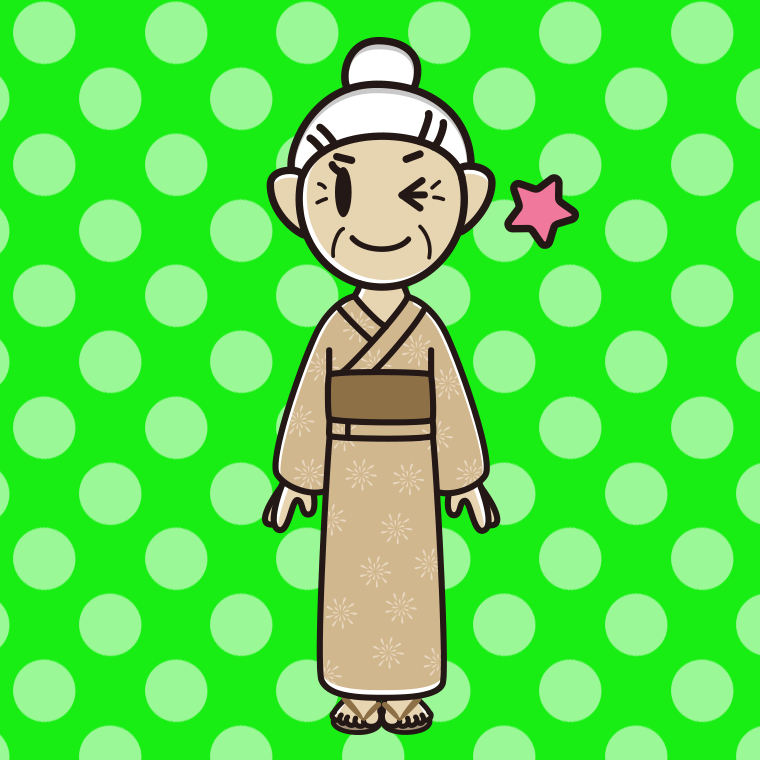 ウインクする浴衣姿のおばあさんのイラスト【色、背景あり】PNG