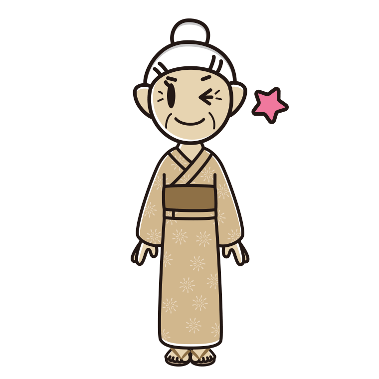 ウインクする浴衣姿のおばあさんのイラスト【色あり、背景なし】透過PNG