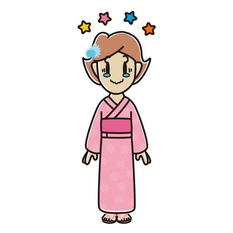 ジーンとする浴衣姿の女性のイラスト【色あり、背景なし】透過PNG