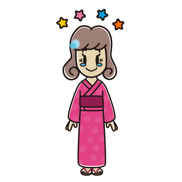 ジーンとする浴衣姿の女子大学生のイラスト【色あり、背景なし】透過PNG
