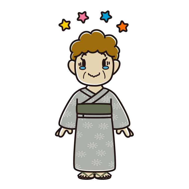 ジーンとする浴衣姿のおばさんのイラスト【色あり、背景なし】透過PNG