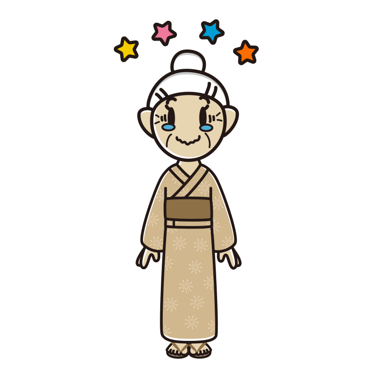 ジーンとする浴衣姿のおばあさんのイラスト【色あり、背景なし】透過PNG