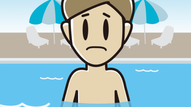 プールに入って困る男性のイラスト【色、背景あり】PNG