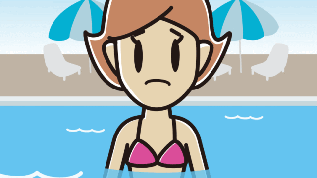 プールに入って困る女性のイラスト【色、背景あり】PNG