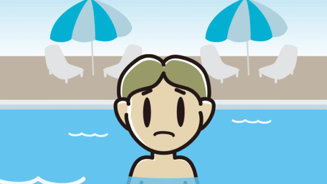 プールに入って困る小学生男子のイラスト【色、背景あり】PNG