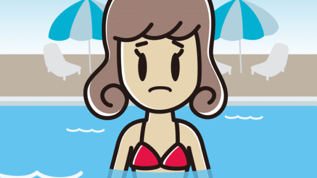プールに入って困る女子大学生のイラスト【色、背景あり】PNG