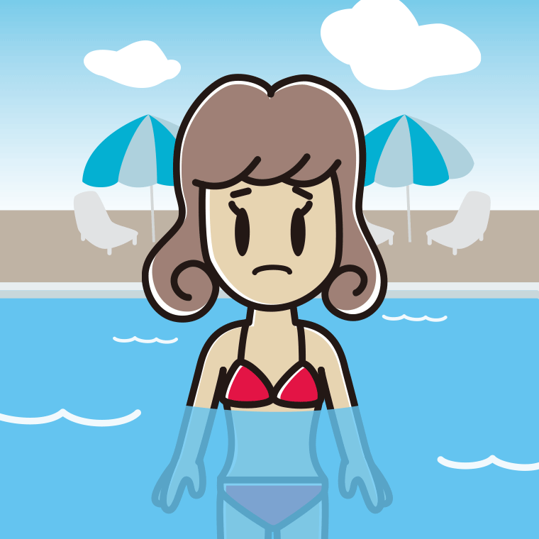 プールに入って困る女子大学生のイラスト【色、背景あり】PNG
