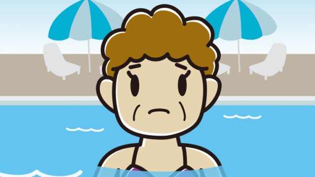 プールに入って困るおばさんのイラスト【色、背景あり】PNG