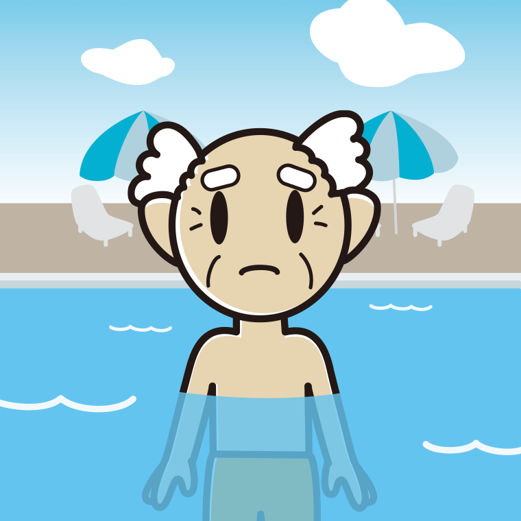 プールに入って困るおじいさんのイラスト【色、背景あり】PNG