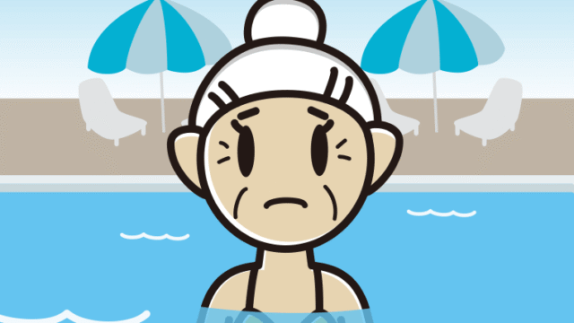プールに入って困るおばあさんのイラスト【色、背景あり】PNG