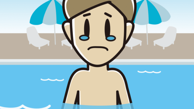 プールに入って泣く男性のイラスト【色、背景あり】PNG