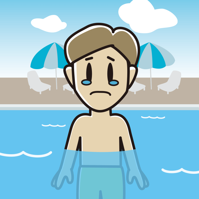 プールに入って泣く男性のイラスト【色、背景あり】PNG