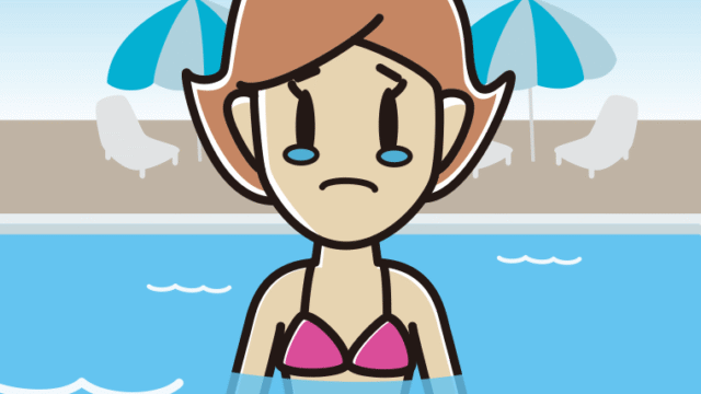 プールに入って泣く女性のイラスト【色、背景あり】PNG