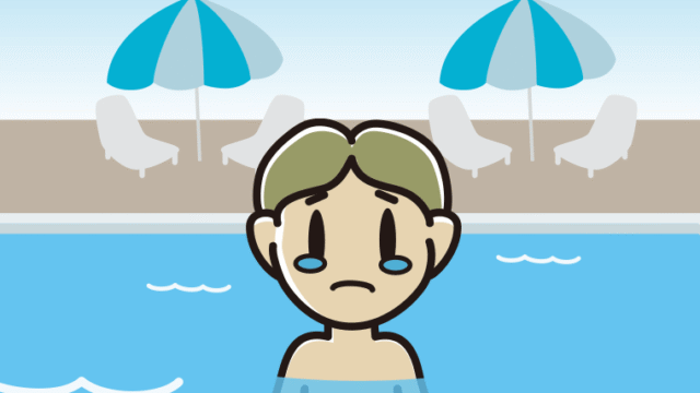 プールに入って泣く小学生男子のイラスト【色、背景あり】PNG