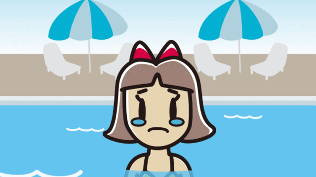 プールに入って泣く小学生女子のイラスト【色、背景あり】PNG