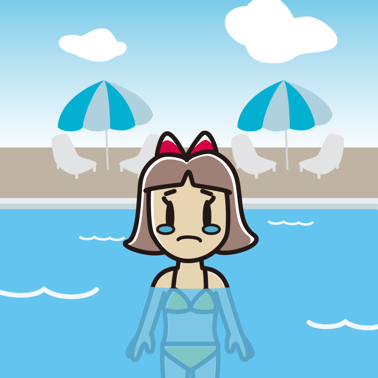 プールに入って泣く小学生女子のイラスト【色、背景あり】PNG