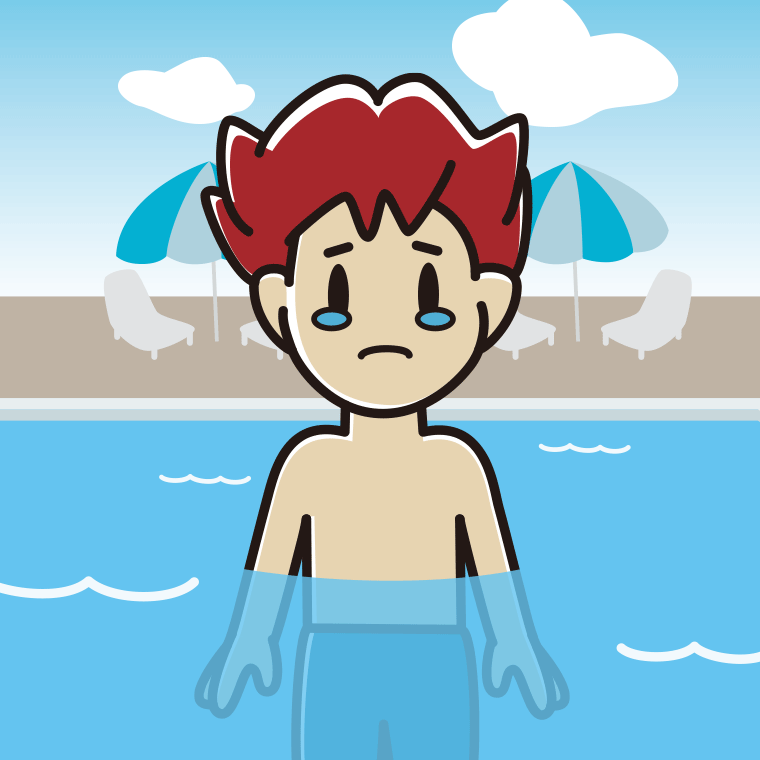 プールに入って泣く男子大学生のイラスト【色、背景あり】PNG