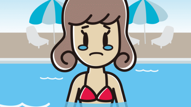 プールに入って泣く女子大学生のイラスト【色、背景あり】PNG