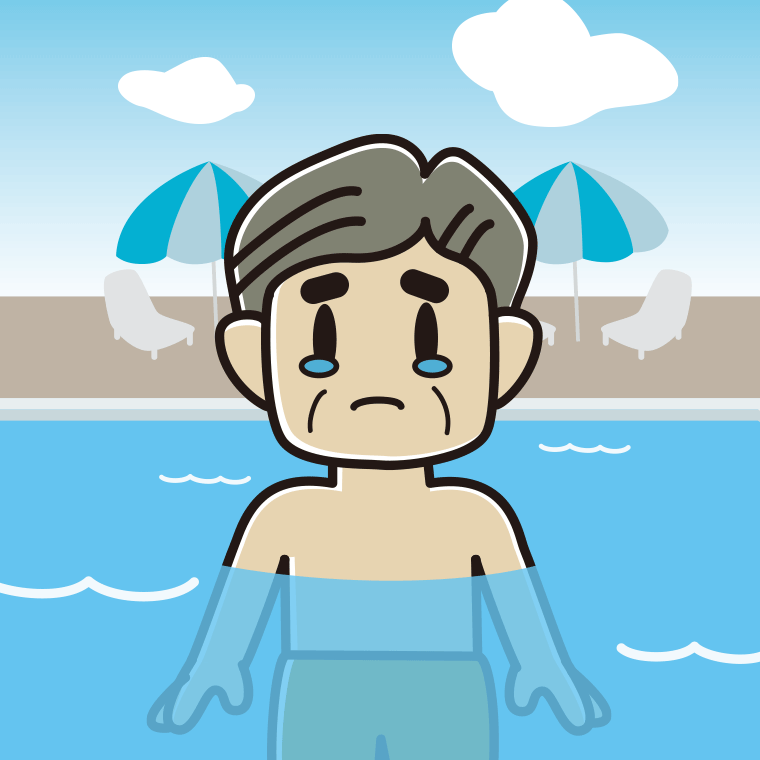 プールに入って泣くおじさんのイラスト【色、背景あり】PNG