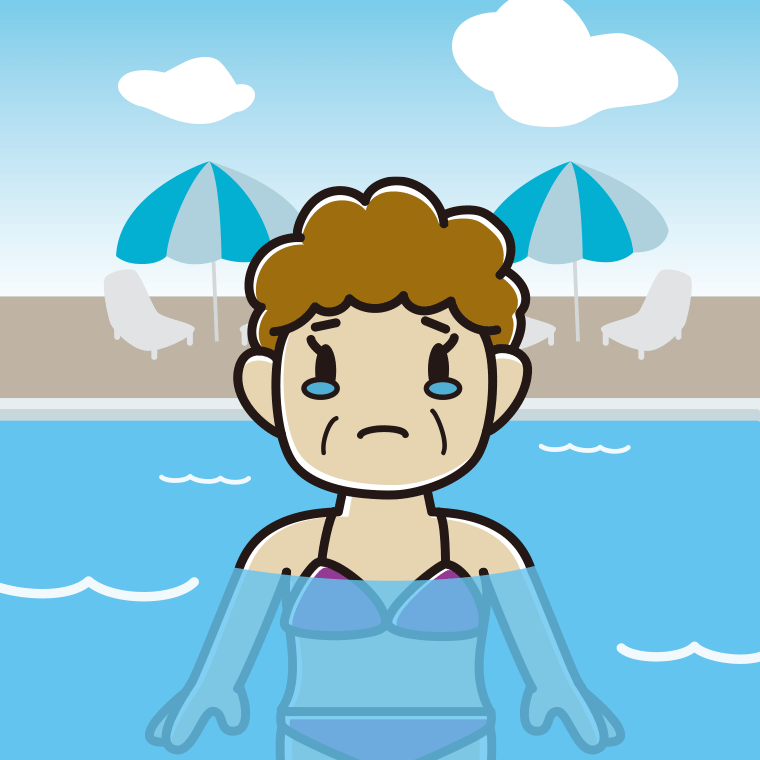 プールに入って泣くおばさんのイラスト【色、背景あり】PNG