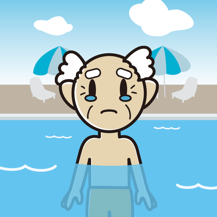 プールに入って泣くおじいさんのイラスト【色、背景あり】PNG